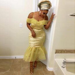 Tea Length Aso Ebi Prom Dresses Off The Shoulder Tassels Sequins Beading Mermaid Evening Gowns Plus Size Party Wear