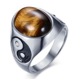 Cluster Rings Classic Retro Trend Men's Boy Oval Tiger Eye Brown Gem Yin And Yang Symbol Ring Jewellery