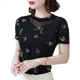 4XL plus size woman tshirts short-sleeved fashion tops stitching mesh retro round neck elegant women clothing 210520