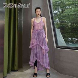 Purple Print Shirring Dress For Women Halter Sleeveless High Waist Ankle Length Dresses Female Summer Clothing 210520