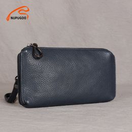 Casual Men Clutch Bag Genuine Leather Wallet Phone Mini Coin Purses Card Holder Blue Business Small Money Bags NUPUGOO