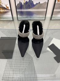 2021 winter women's high-heeled Woollen slippers, Rhinestone chain design, warm and comfortable, complete packaging