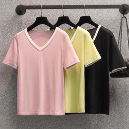 L-4XL plus size women Patchwork basic sweater pullover loose casual short sleeve v neck Summer kint Oversized sweaters jump 210604