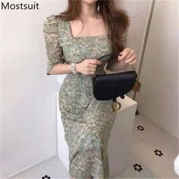 Summer Floral Printed Women Long Dress Short Sleeve Square Collar Belted Dresses Korean Elegant Vintage Fashion Vestidos 210513