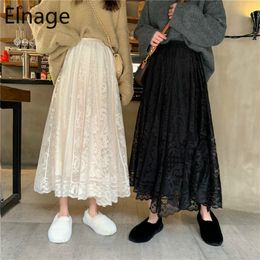 Spring Lace Mesh A Line Korean Style Solid Black Mid-length Skirt for Women White Small Net 5A048 210429