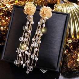 Vintage Pearls Big Long Earrings Women Trendy Dangle Rose Flower Big Korean Earrings Weddings Female Jewellery Accessories