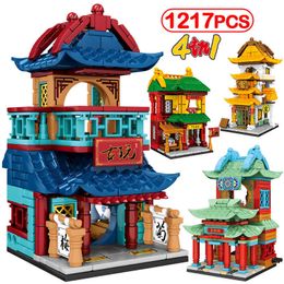 City Creator Chinese Style Old Street view teahouse pawn shop Building Blocks Diy antique shop House model Toys for children X0902