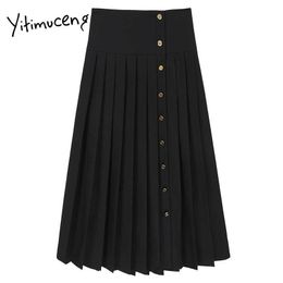 Yitimuceng Black Button Skirt Women Pleated High Waist Mini Solid Summer Korean Preppy Style Fashion Skirts 210601