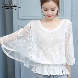 sexy hollow out stitching lace top korean fashion women blouse elegant female office shirt Three Quarter 4478 50 210521