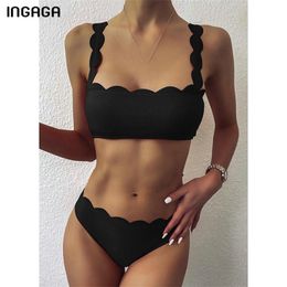 INGAGA Push Up Bikinis Swimsuits Scalloped Edge Swimwear Women Black Bandeau Bathing Suit Solid Biquini Beach Wear 210621