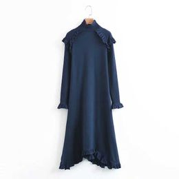 PERHAPS U Navy Blue Stand Collar Ruffle Long Sleeve A Line Midi Dress Elegant Solid Autumn D0672 210529