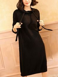 100%cashmere Knit Women Fashion Hooded H-straight Long Pullover Sweater Dress Solid Colour S-L Women's Sweaters