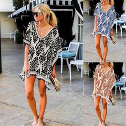 Holidays Arrvial Sexy V-neck Short Seeleves Beach Cover Up wear Tunic Dress Bikini Swimwear Sundress 210517