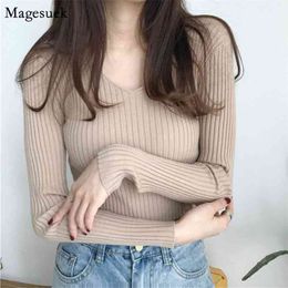 Fashion V-neck Long Sleeve Knitted Sweater Women Solid Autumn Winter Slim Pullover Sexy Woman s 10308 210512