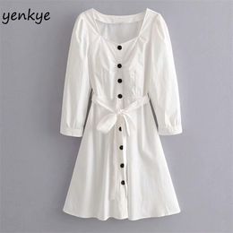 Autumn Dress Women Front Button Square Neck Long Sleeve With Belt Elegant Lady Knee Length A-line White es 210514