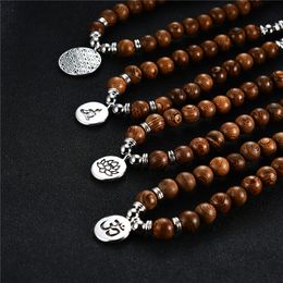 Hot 108 Wooden pendants Beads Buddhism Flower of Life OM Lotus Necklace for Women Men Rosary Necklace Bracelet Vintage Prayering Jewelry