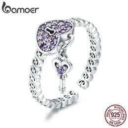 Genuine 925 Sterling Silver Love Heart Key Purple CZ Finger Rings for Women Wedding Engagement Jewellery Anel SCR486 211217
