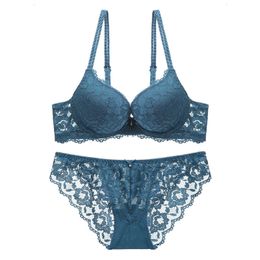 New fashion Blue push up bra set deep v brassiere thick lingerie set lace sexy women underwear set cotton comfortable B C cup X0526