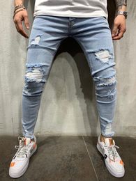 European American Distrressed Jeans pant high street men's slim pencil scratched denim trousers trendy youthful man ripped jean plus size