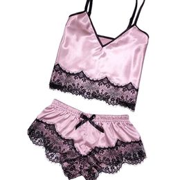 Camisoles Tanks Womens Sexy Satin Sling Sleepwear Lingerie Lace Bowknot Nightdress 2022