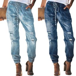 Women's Jeans Women Vintage Elastic Waist Drawstring Washed Ripped Hole Distressed Ladies Casual Denim Pants