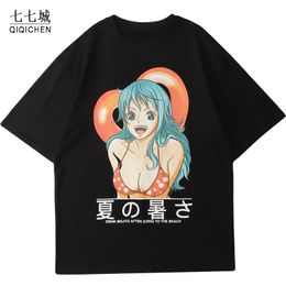 -Летняя футболка мужская сексуальная аниме девушка кандзи напечатана пара TEE топы японские Harajuku Harajuku High Street Hip Hop мода Otaku Streetwear