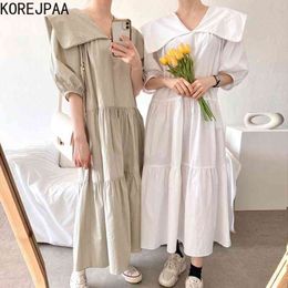 Korejpaa Women Dress Summer Korean Simple Niche Big Lapel Lace Pleated High Waist Solid Color Loose Puff Sleeve Vestidos 210526