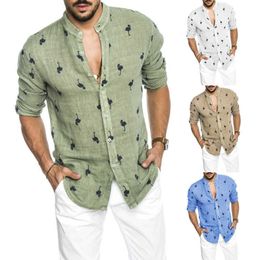 Men's Shirt Style Long Sleeve Flamingo Printed Linen Casual Top 210721