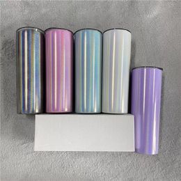 Sublimation Glitter Tumbler 20oz Straight Tumblers Double wall Stainless Steel Water Bottle Rainbow Mug Vacuum Insulated Beer Coffee Mugs with Straw Wholesale