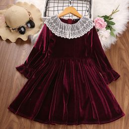 2022 Spring designer girls princess velvet long sleeve Lace Dress Solid Wine color Girl Vestido Kids Party Frocks