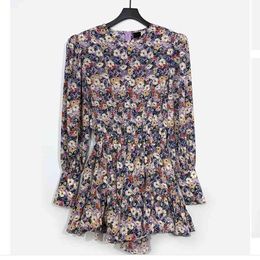 Women Green Pink Vintage Floral Print O-neck Long Sleeve Empire A-line Ruffle Mini Dress Summer Korea D2597 210514