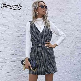 V-neck Button Front Tweed Plaid Dress Women Autumn winter Sleeveless High Waist Elegant A-Line Short Overall 210510