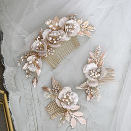Gold Colour Flower Jewellery Bridal Comb Pin Leaf Headpiece Handmade Wedding Accessories Women Hair Ornament