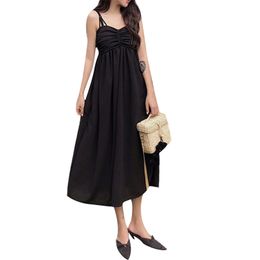Women Summer Elegant Fashion Loose Dress Sleeveless Spaghetti Strap Strapless High Waist Solid Color Mid-calf 210522