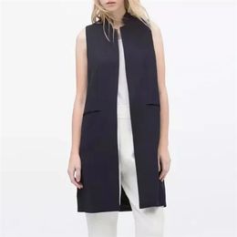 spring blazer vest coat women stand collar long suit vest black white dark blue with two pockets outwears chaleco largo mujer 210817