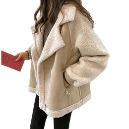 Women's Fur & Faux Winter Warm Parka Jacket Woman 2021 Loose Suede Coat Outerwear Women Short Lamb Cashmere Motorcycle Jackets Female Clothe