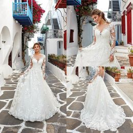 Modern White Lace Wedding Gowns With Long Sleeves Plus Size A Line Appliqued Bridal Dress Sweep Train Buttons Back Vestidos De Novia Boho Garden AL9082