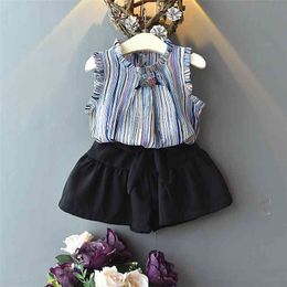 Arrivals Summer Children Sets Chiffon Sleeveless Tops Black Solid Skirt Cute 2Pcs Girls Clothes 2-7T 210629