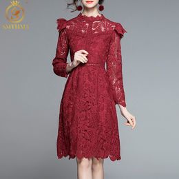Fashion Runway Designer Spring Dresses Long Sleeve Lace Patchwork Ruffle Ladies Sexy Hollow Out Temperament Vestidos 210520