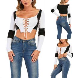 Women T-Shirt Long Sleeve Stitching Color Block Patchwork Slim Fit Skinny Lace-Up Hollow Out Short Streetwear 210522