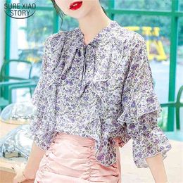 Summer Women Tops and Blouses Korean Printed Bow Chiffon Blouse Elegant Office Lady Floral Shirts Clothing Blusas 9578 210506