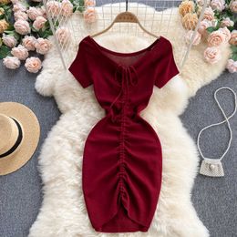 Red/Black/Pink Sexy Drawstring Knitted Bodycon Dress Women Casual Short Sleeve High Waist Mini Vestidos Female Summer 2021 New Y0603