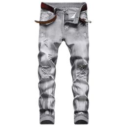 New Male Ripped Skinny Trousers Slim Biker Outwears Pants Gray Jeans Pantalon Homme X0621