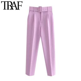 TRAF Women Fashion With Belt Side Pockets Office Wear Pants Vintage High Waist Zipper Fly Female Ankle Trousers Mujer 210706