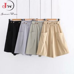 Casual Women Summer Wide Leg Shorts Skirts Solid Button Pockets High Waist Flared Short Pants Korean Fashion Elegant Midi 210510