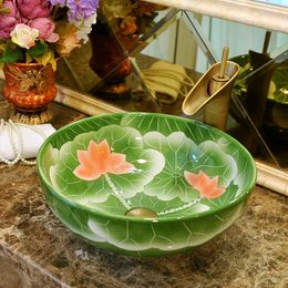 Lotus painted porcelain Ceramic wash basin Counter Lavobo Bathroom Sink bowl Wash Basin