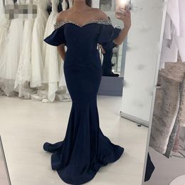 Simple cheap Sexy Dark Navy Blue Mermaid Evening Dresses sweetheart Beaded Long prom Gowns Off The Shoulder Short Cap Sleeves Party Dress vestidos fiesta