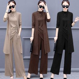 Women Tracksuit Long Sleeve Cardigan and Sleeveless Pullover Tops and Wide Leg Pants Suit Women's Sets Knitted 3 Pieces Set 984A Y0625