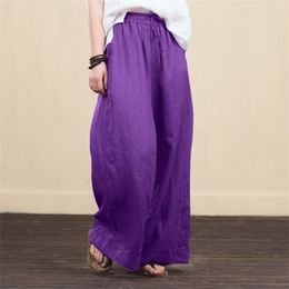 Pants For Women Cotton Linen Wide Leg Pants Autumn High Waist Palazzo Loose Pocket Trousers For Woman Long Pantalon Plus Size Q0801