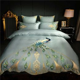 Chic embroidery luxury Bedding set US queen Super king size Duvet cover Bed sheet 600TC egyptian cotton fabric peacock pattern 210721